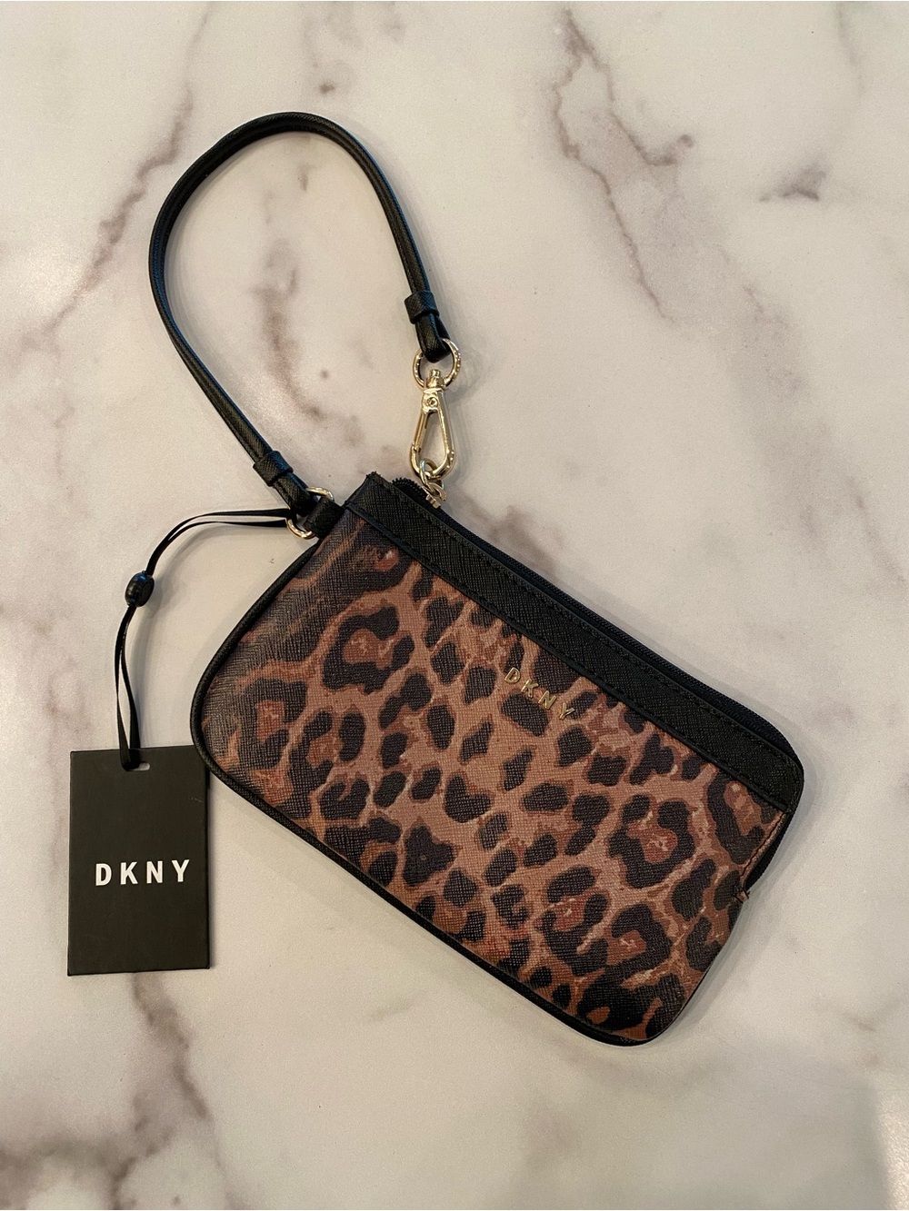 DKNY Black & Brown Leopard Print Wristlet Pouch